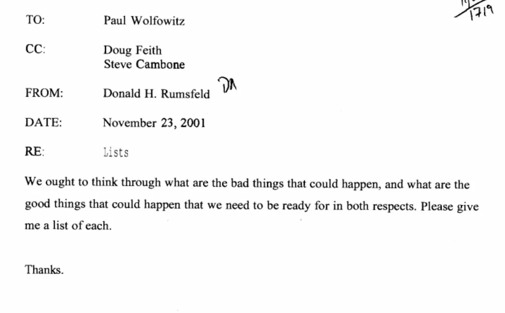 A 2001 inter-office memo from Donald H. Rumsfeld, RE: Lists.